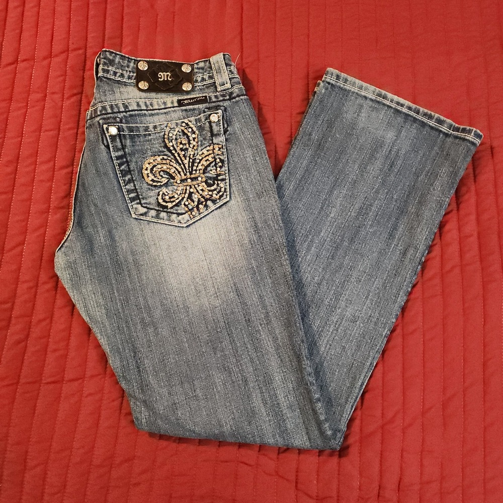 Miss Me Bootcut Jeans 29 JP5402B2V Blue Fleur De Lis Rhinestone Low Rise Denim